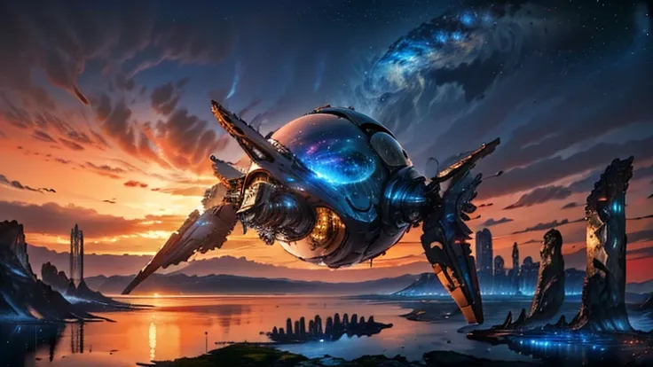 super spaceship shaped like a ship hovering over a large lake, ultra detalhada, city in the distance, a nebula lighting up the s...