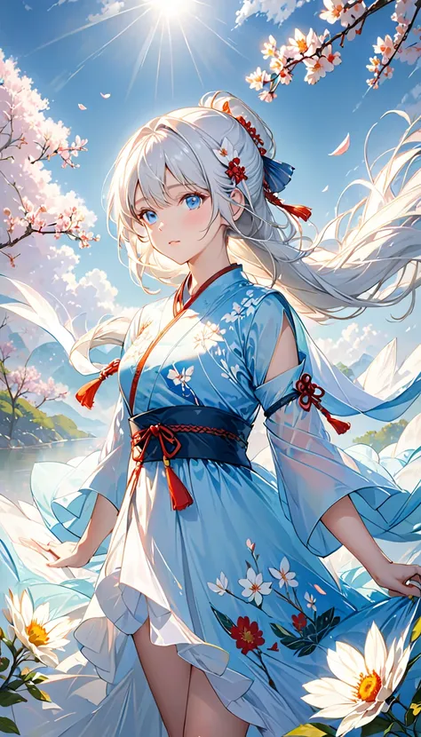 A girl，China costume，whole body，Sunlight，Clear face，Clean white background，masterpiece，Super Detail，Epic composition，Ultra HD，high quality，Extremely detailed，Official Art，8k wallpaper，Super Detail，32K，Long hair，White hair，Large petals，breeze，chiffon，Long h...