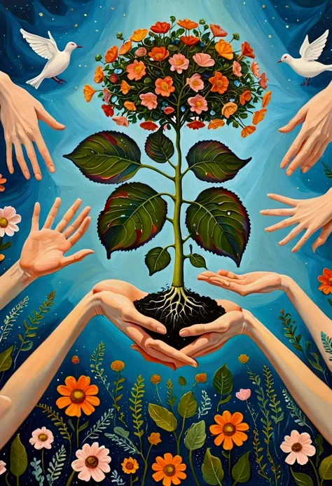 painting of a room with a plant and several hands reaching out of it, surreal painting, surrealistic painting, a surrealist pain...