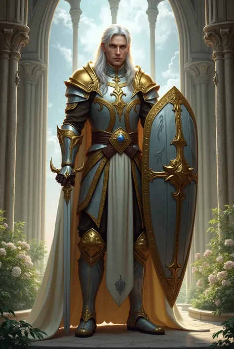 serene looking male half elf paladin with silver hair, holding a sword and shield, holy scenery