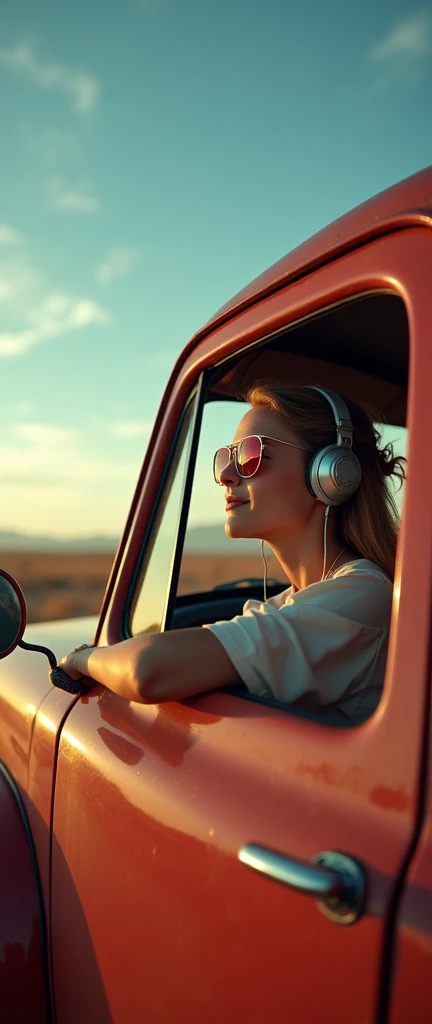 I see an old pickup truck, in the window of the truck there is a beautiful 20 year old woman, she uses wired headphones, she wears mirrored aviator sunglasses, red pickup truck with some peeling paint showing the rusty metal underneath, the woman is lookin...