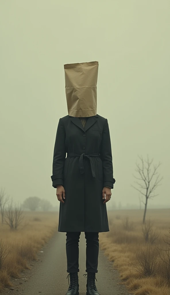 a person waiting for the end of the world with a paper bag on his head, Rene Magritte style