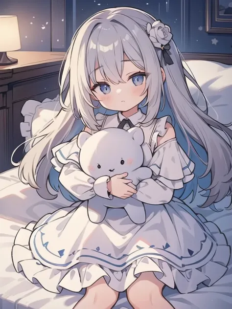 masterpiece, Highest quality, Super Detail, 8k, Detailed light, Detailed Shadows, born, (Detailed skin), (Genuine: 1.2),, 1. Scandinavian Girl, face, (), Gray Hair, Sleep in a plush bed, Night Dress