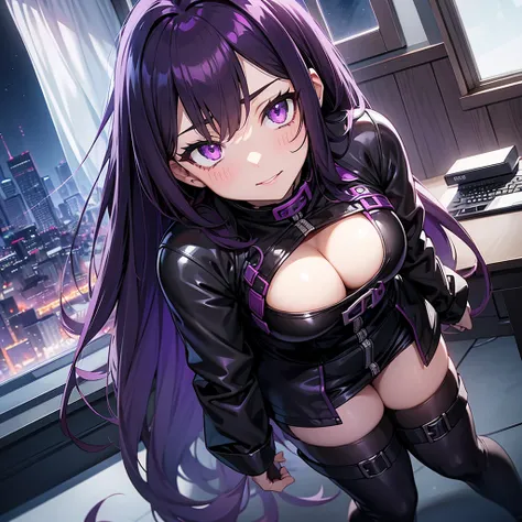 my_hero_academia, {female, long_straight_hair, purple_black_hair, purple_eyes, large_breast, looking_up, gothic, latex,}, seductive_pose, living_room_setting, windows_overlooking_night_sky, computer_desk,