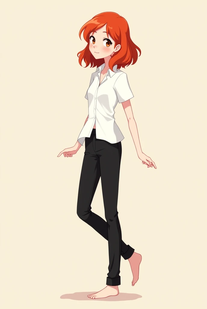 red hair girl ,brown eyes animated full body ,Lifting a foot in love with black pants and a white shirt
