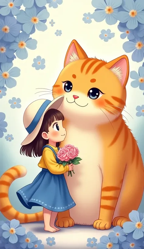 A girl in blue skirt and yellow shirt is holding roses, wearing white hat on her head, standing next to the giant cat with orange fur and black eyes in anime style. The background features light indigo flowers, creating an atmosphere of deep love. It has a...