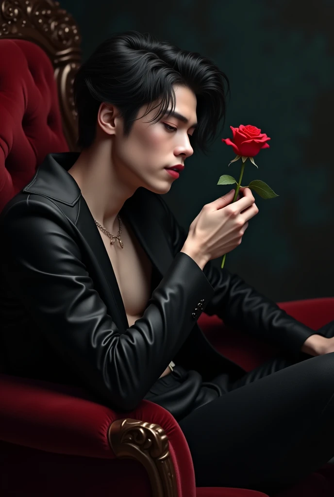 sexy male vampire, young, 19 years, Man, black hair and red eyes, sehr young, smile, smile, vampire teeth, holding rose pose, leaning back, lowering