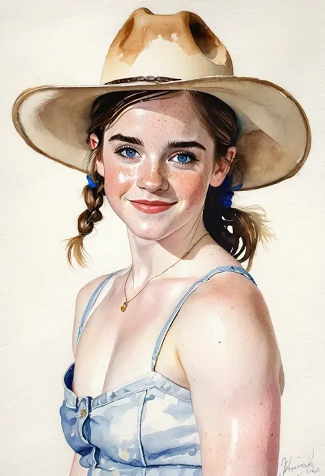 a watercolor painting of a ((pale skin)), defined muscles, six-pack abs, freckled, brunette teenager resembling Emma Watson, with blue eyes, blushing cheeks, pigtails, cowboy hat, naked, smiling, in the style of Norman Rockwell