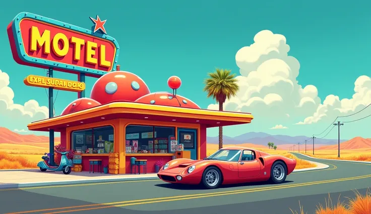 Motel with shop and supercar in front of it in cartoonist look