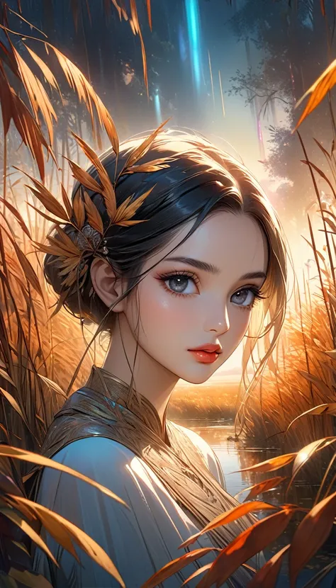 Reed landscape, bright canvas, The reed leaves are fluttering, Transparent holographic reflection, Surreal landscape made of reed leaves, Leaves viewers speechless, 
A beautiful world, 1 Indian woman, detailed eyes, Black eyes, detailed lips, very detailed...