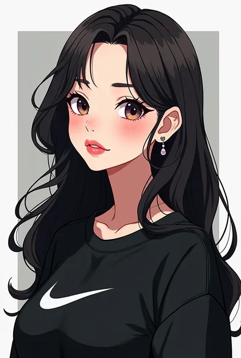 white woman with pink lips, long wavy hair, ear rings, black nike sweatshirt. anime styling.