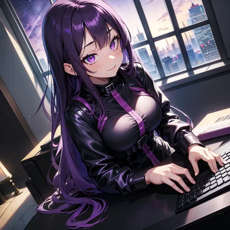 my_hero_academia, {female, long_straight_hair, purple_black_hair, purple_eyes, large_breast, looking_up, gothic, latex,}, seductive_pose, living_room_setting, windows_overlooking_night_sky, computer_desk,