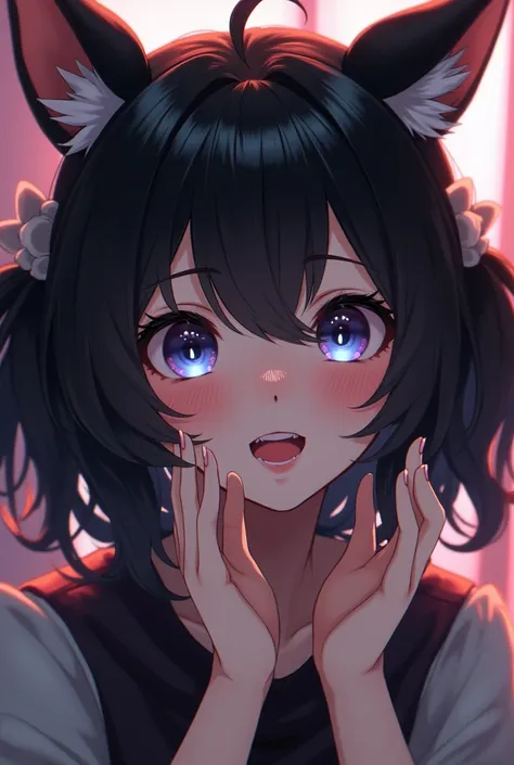 black hair, hair bobbles, wince, longeyelashes, solid circle eyes, fake animal ears, light smile, ear blush, fang, ccurate, Surrealism, drop shadow, anaglyph, stereogram, tachi-e, pov, atmospheric perspective, 8k, super detail, best quality, highres