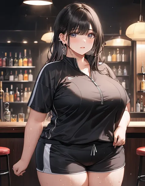 High resolution,4K,High resolution,One girl,Sweaty skin, Thin face,Yangmi, Are standing,(((Half Body))), Medium chest,Earrings ,   Plus size sports lounge set, plus size solid half zipper short sleeve tops and shorts