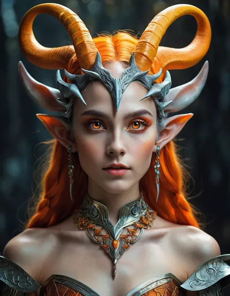 A woman with multiple horns made through her hair, gray skin, strong, anatomically perfect slim body, orange eyes, realism, small elf ears, detailed face, intricate hair, ornate headpiece, dramatic lighting, cinematic composition, vibrant colors, fantasy, ...