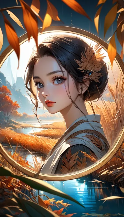 Reed landscape, bright canvas, The reed leaves are fluttering, Transparent holographic reflection, Surreal landscape made of reed leaves, Leaves viewers speechless, 
A beautiful world, 1 Indian woman, detailed eyes, Black eyes, detailed lips, very detailed...