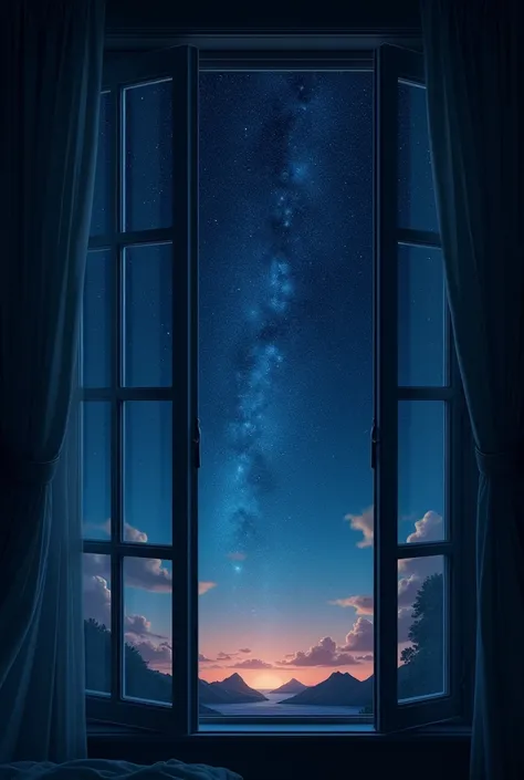 open window with starry sky at night 