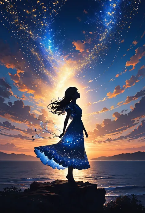 The image depicts a silhouette of a girl standing against a stunning sunset background. The sky transitions from a deep White, near the horizon to a deep Electric blue as it ascends. The figure appears to be enveloped in a series of tiny glowing fairy ligh...