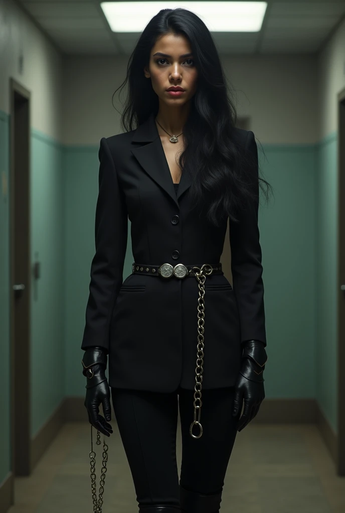 indian women, aged 25, white skin, long black hair, horse jockey black tight dress, full sleeve black, black tights, black pants, black boots, black gloves, rolex watch, standing, prison, looking straight, hands tied, waist chain