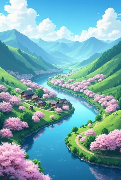 Draw a river with a small village, anime beautiful peace scene, very beautiful landscape, landscape artwork, landscape art detail, very beautiful digital art, beauty of natural landscape, beautiful art UHD 4 K, very beautiful photos, beautiful nature, land...