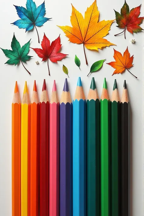 The colored pencils, paintings and leaves 