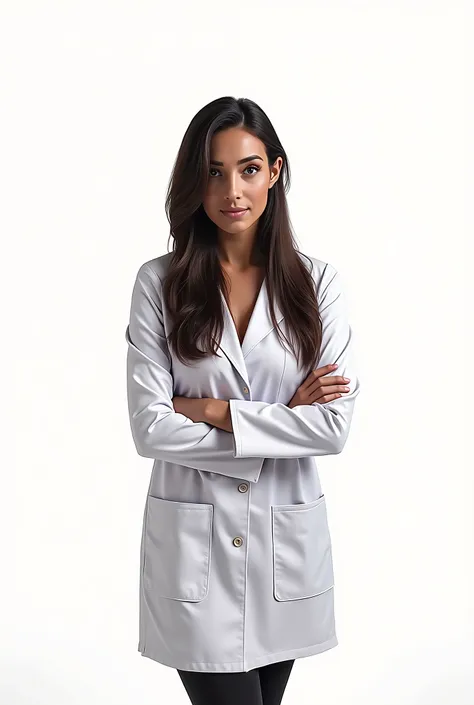 Woman in white coat, crossed arms,  white background
