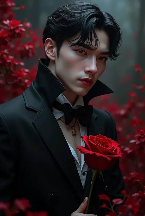 sexy male vampire, young, 19 years, Man, black hair and red eyes, sehr young, smile, smile, vampire teeth, holding rose pose, leaning back, lowering, Front facing