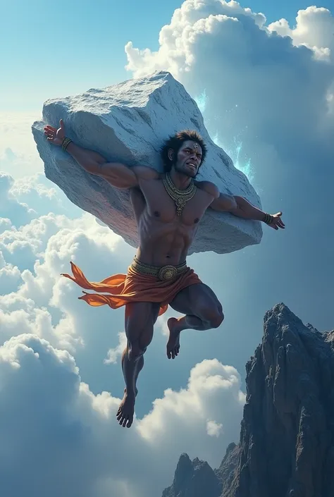 Hanuman is shown flying through the sky, carrying a massive mountain (Himalayan peak) in one hand.