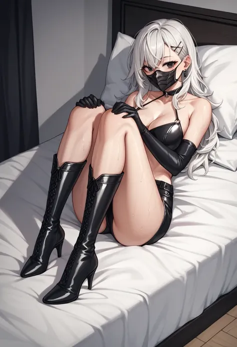 score_9, score_8_up, score_7_up, score_6_up, score_5_up, score_4_up, source_anime, 1woman, fair skin, She lay down on her back, Nice face, bed, white hair, hairpins, black eyes, leather long gloves, mask, clean hair, sweaty, knee high boots, form fit, heel...