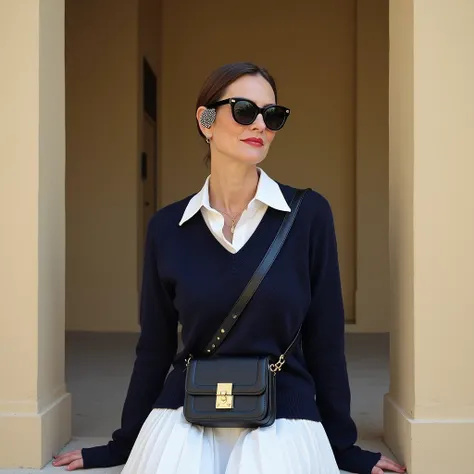 avant-garde photography of a middle-aged flyweight woman as ((star navigator)) with ((low fade haircut)) adornata with (ear cuffs), vestita with occhiali da sole scuri, camicia bianca with colletto, navy blue sweater, white pleated skirt, borsa a tracolla ...