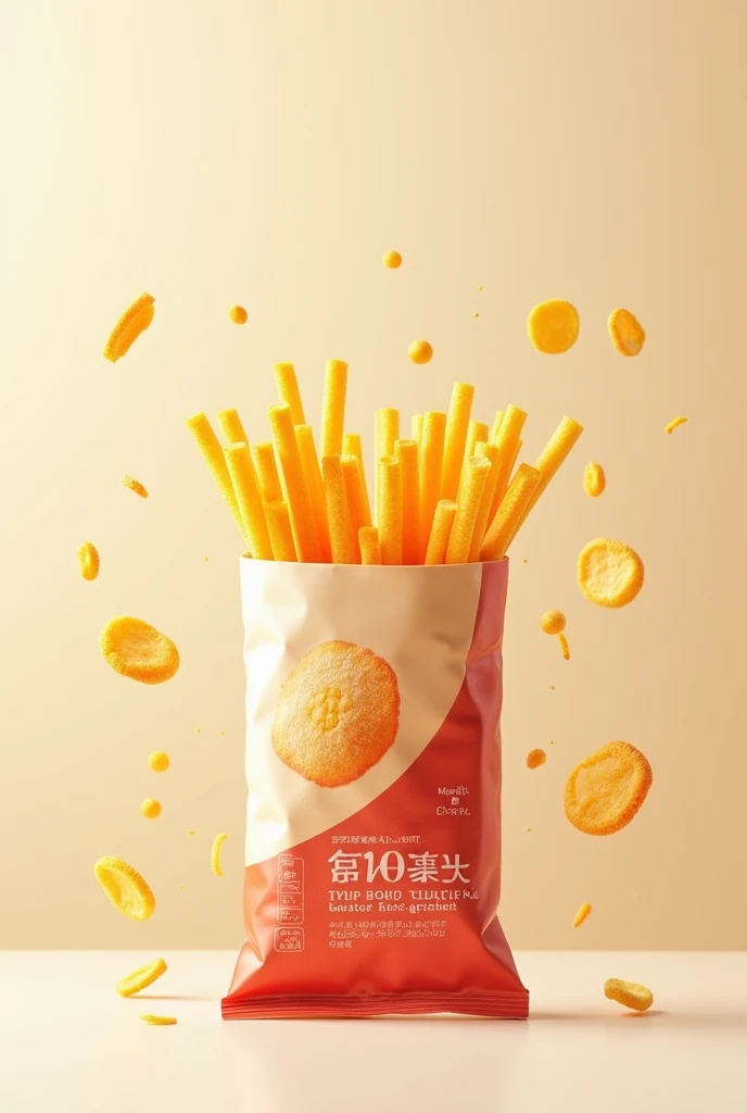 Yellow coloured thin tapioca chips sticks packet with the water mark of tapioca sticks chips in a light shade and  reddish shaded thin tapioca sticks chips in centre
