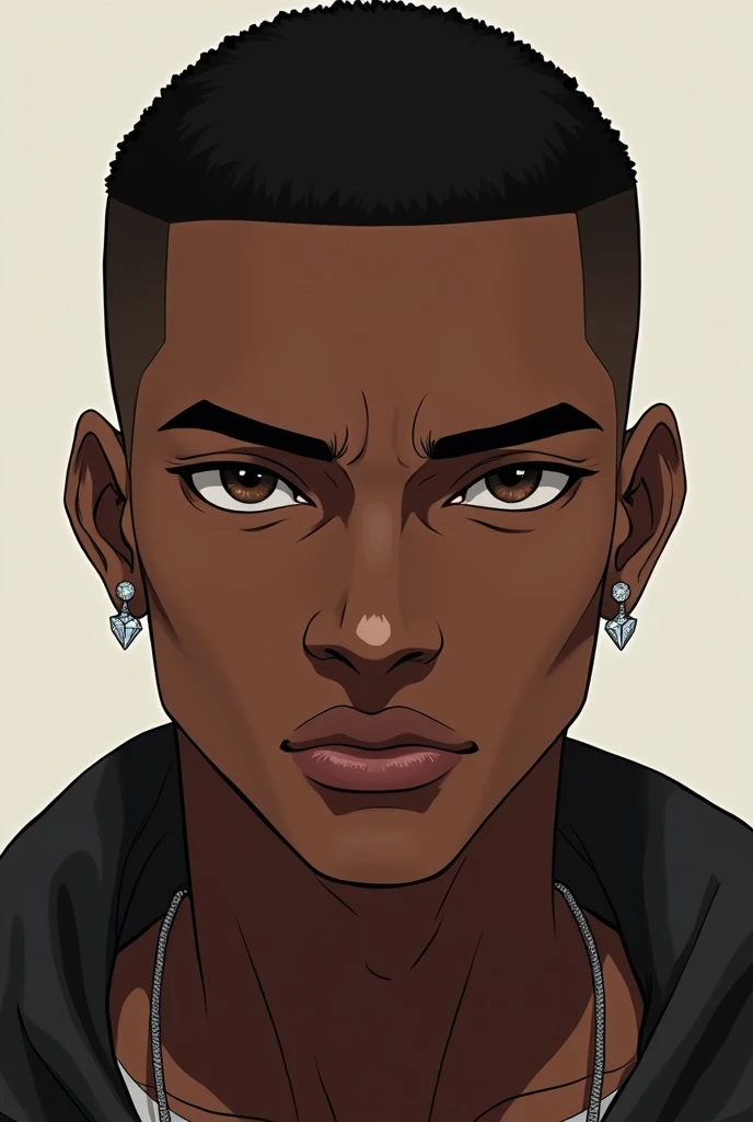 a black man with short hair shaved on the sides, diamond earring in the ears, with black shirt, portraite, brown eye color. anime styling. very dark espresso skin color. wide nose, large lips