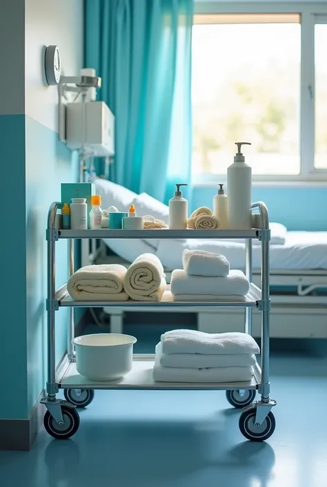 photo dun chariot dhopital avec le matériel nécessaire pour la toilette des patient (Gants jetables
Savon doux adapté aux peaux sensibles
Serviettes et gants de toilette
Bassine pour la toilette partielle au lit si nécessaire
Crèmes hydratantes et lotions ...