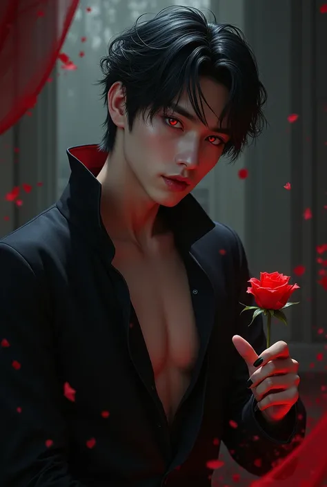 sexy male vampire, young, 19 years, Man, black hair and red eyes, sehr young, smile, smile, vampire teeth, holding rose pose, leaning back, lowering, Front facing