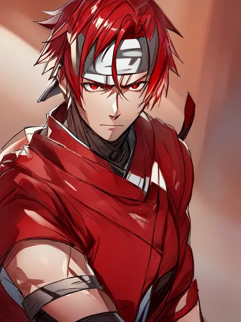 {{red eyes}}, {{very dark skin}},((shinobi clothing)), {{blacksmith)}, ((Konoha Headband)), complementary colors, {{upper body}}, ((short hair)), ((red hair)),  ((serious expression)), 1boy, beautifully drawn, high resolution illustration, best quality, Hi...