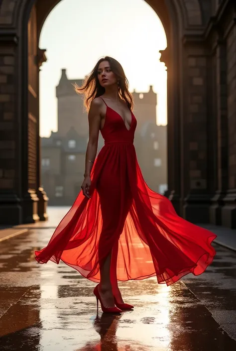 Brunette Instaghram influencer, standing at the main gate of Edinburgh Castle, red flowing dress, legs spread, sunlight coming through the dress. hair blowing in the wind, dynamic lighting, wet reflection on the ground