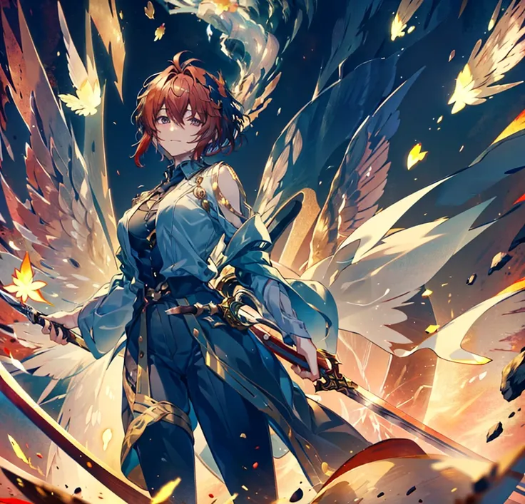 male, 180cm tall, androgynous beauty, sharp golden eyes, short messy flame-red hair, medium build, ethereal appearance, wearing a disheveled black dress shirt with rolled-up sleeves, black skinny pants, holding a katana, sword master, twilight sky backgrou...