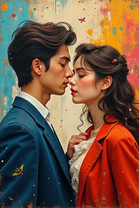 Painting of a handsome man and woman, around 20 years old, with a musical background, imaginative and modern, in color. 
