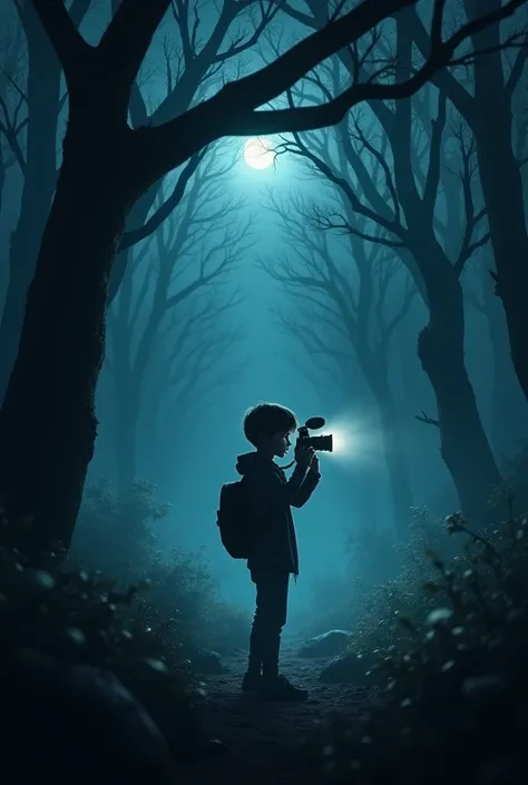 One boy recoding with camera in forest night scary 