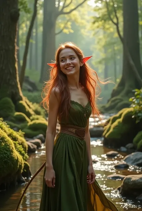 model photoshoot of female elf joyful in the woods, short elf ears, realistic, Nikon D850, shot in 8-bit color depth, using a combination of strobes and natural light for maximum realism