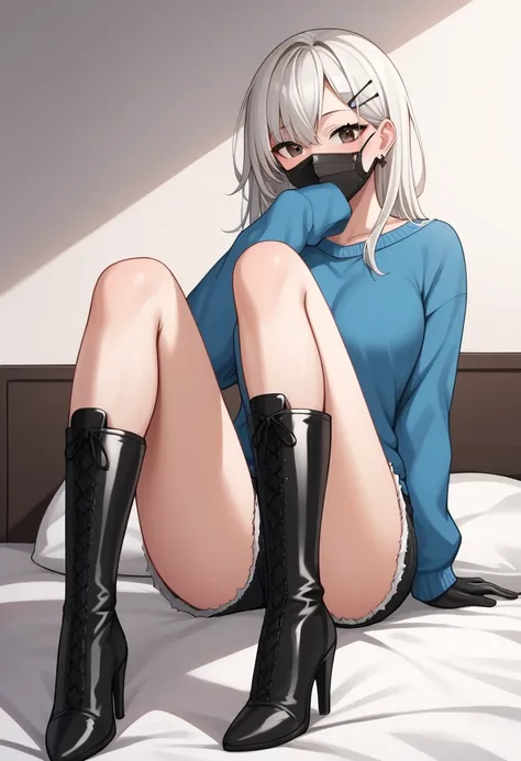 score_9, score_8_up, score_7_up, score_6_up, score_5_up, score_4_up, source_anime, 1woman, fair skin, She lay down on her back, Nice face, bed, white hair, hairpins, black eyes, leather long gloves, mask, clean hair, sweater, shorts, knee high boots, zip u...