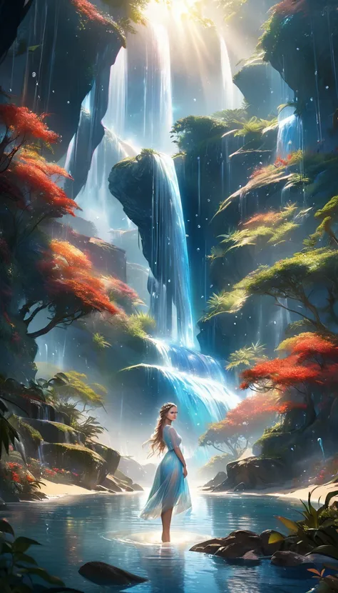 waterfall scenery, bright canvas, The waves are swirling, Transparent holographic reflection, Surreal landscape created by water droplets, Leaves viewers speechless, 
A beautiful world, 1 british woman, detailed eyes, detailed lips, very detailed face, lon...