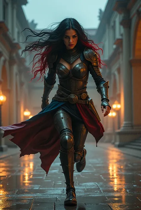 a beautiful woman with black hair and red locks is running at night in the courtyard of a palace while it is raining, and she is wearing armor and is stained with blood, she is scared 