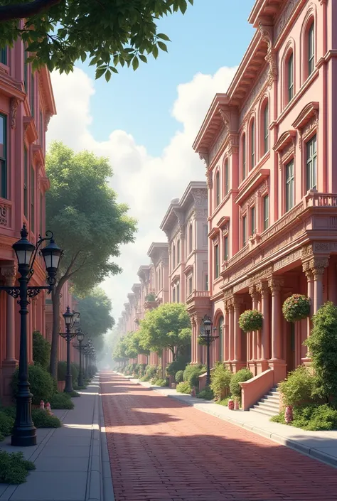 "A mid-tier urban scene featuring elegant Victorian architecture, with pink tones dominating the image. The buildings should have a classic charm, with tree-lined streets and a sense of tradition and stability."