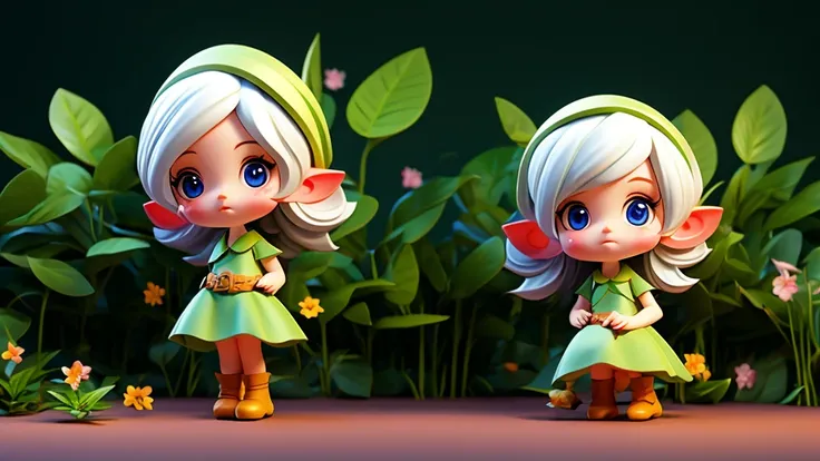 chibi elf girl, long platinum hair, natural light dark garden