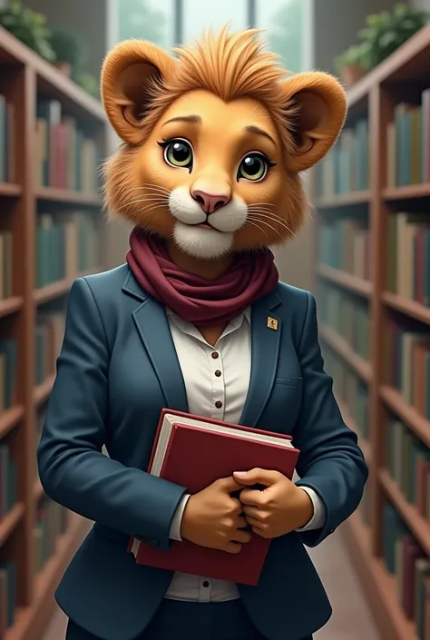 Female lioness, school, without mane, in his hand books with a smile without muscles, with a white shirt suit and a blue suit, with little hair with a small wine-colored scarf around her neck 