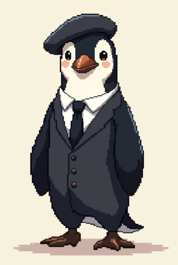 penguin in suit and beret pixel art style