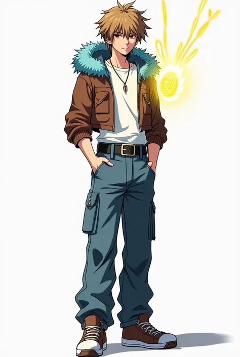 Death Note Style, adolescent, elegant, attractive, by rubio, eyes the color of honey, short and messy hair, Cropped brown leather jacket with blue fur lining on the hood, white t-shirt tucked into pants, baggy jeans, black and silver belt, knives with shea...