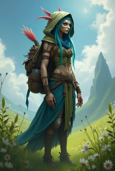 Grass, Sky, Field, League of Legends, 1girl, elf, druid, animal ears, bandage legs, long legs, bandage, bandage, bird legs, bird skull, cape, shut up, ears by headdress, eyes visible through hair, face drawings, feathers, hood, hooded cape, long hair, brow...