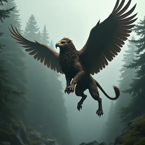 A fierce griffin in mid-flight above an ancient forest, with its wings cutting through the mist. The griffin has a muscular lions body covered in dark brown fur, with a tail that ends in a tuft. Its eagle head is adorned with a golden beak and sharp, focus...